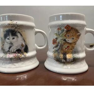 RARE Adorable Vintage Cat Print Stein Mugs 4” Made In Hungary GRANIT
